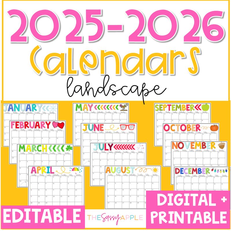 2025-2026 EDITABLE Monthly Calendars PRINT & DIGITAL: LANDSCAPE