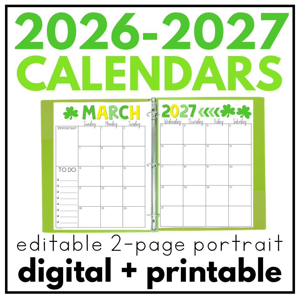 2026-2027 EDITABLE Monthly Calendars 2-Page Portrait