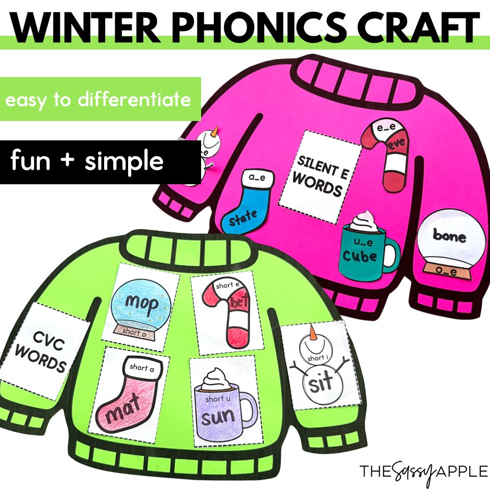 Winter Phonics Sweater Holiday Craft CVC CVCE Vowel Teams R-Controlled Vowels