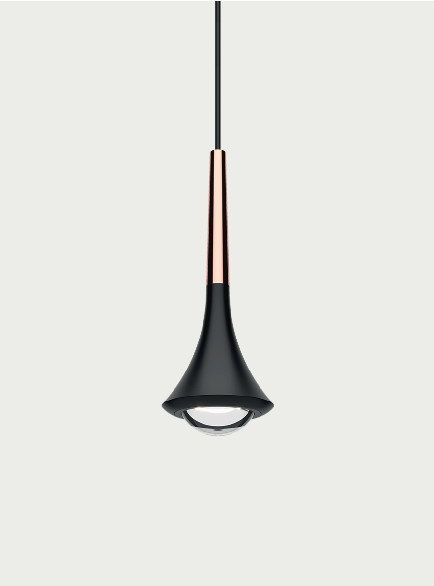 Lodes Rain Pendelleuchte mit Baldachin eckig, Variante: 7er Pendelleuchte, Farbe - Leuchte: mattschwarz - rosegold, Baldachin - Farbe: mattweiss, Lichtfarbe: 2700K warmweiss