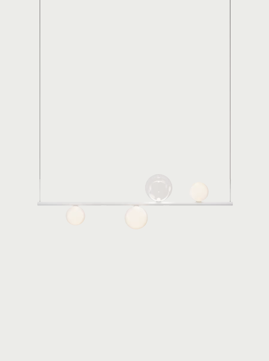 Lodes Random Stick Pendelleuchte, Variante: Variante 1 (Metalstruktur short: extra mattweiss / Glasfarben: weiss mattiert, transparent), Lichtfarbe: 2700K warmweiss