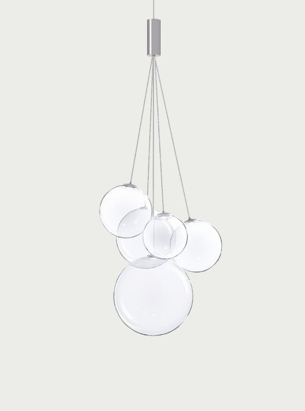 Lodes Random Five Pendelleuchte, Lichtfarbe: 2700K warmweiss, Dimmbar: Standard Phasenabschnitt, Farbe - Kabel: Chrome (Kabel weiss), Farbe - Glas: Clear