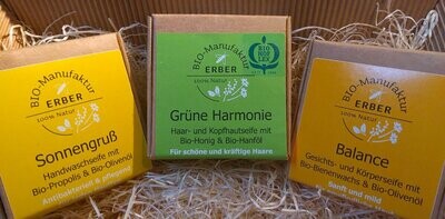 Bio-Seifen-Set: Hände+Gesicht+Haare je 100 g inclusive Geschenkkorb