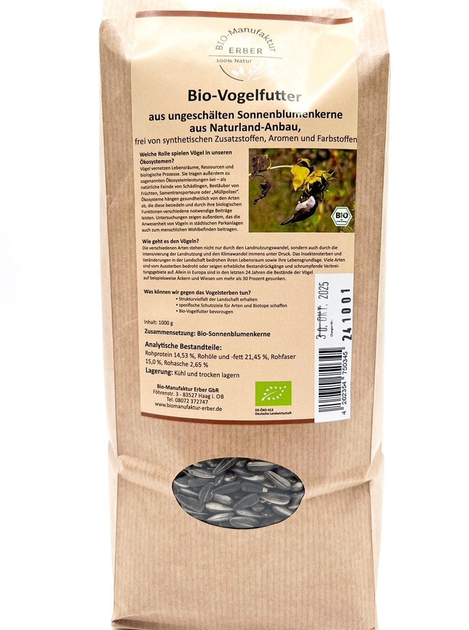 Bio-Vogelfutter aus ungeschälten Sonnenblumenkerne aus Naturland Anbau