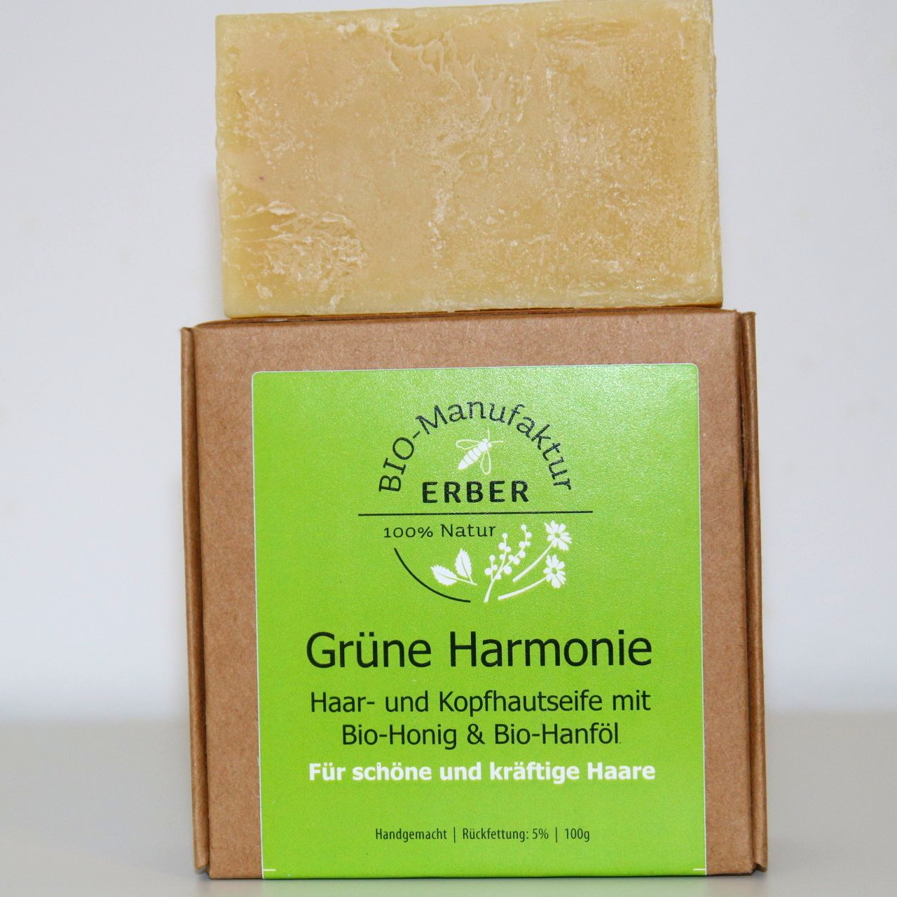 "Grüne Harmonie" Haar- und Kopfhautseife mit Bio-Honig und Bio-Hanföl 100 g