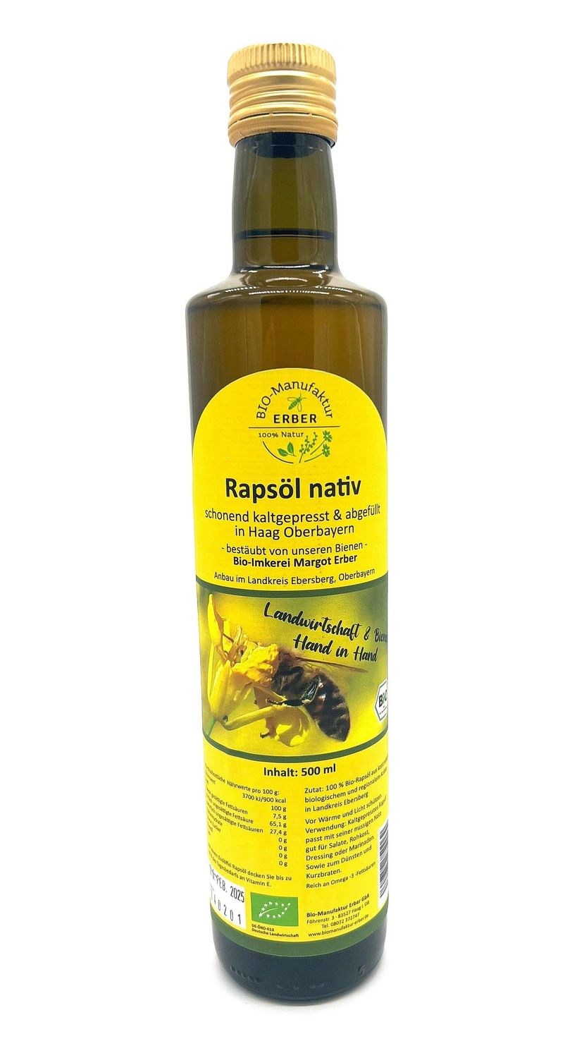 Bio-Rapsöl nativ in Flasche 500 ml - angebaut, gepresst und abgefüllt in Oberbayern, Naturland Landwirtschaft