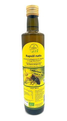 Bio-Rapsöl nativ in Flasche 500 ml - angebaut, gepresst und abgefüllt in Oberbayern Bio-Rapsöl nativ in Flasche 500 ml - angebaut, gepresst und abgefüllt in Oberbayern