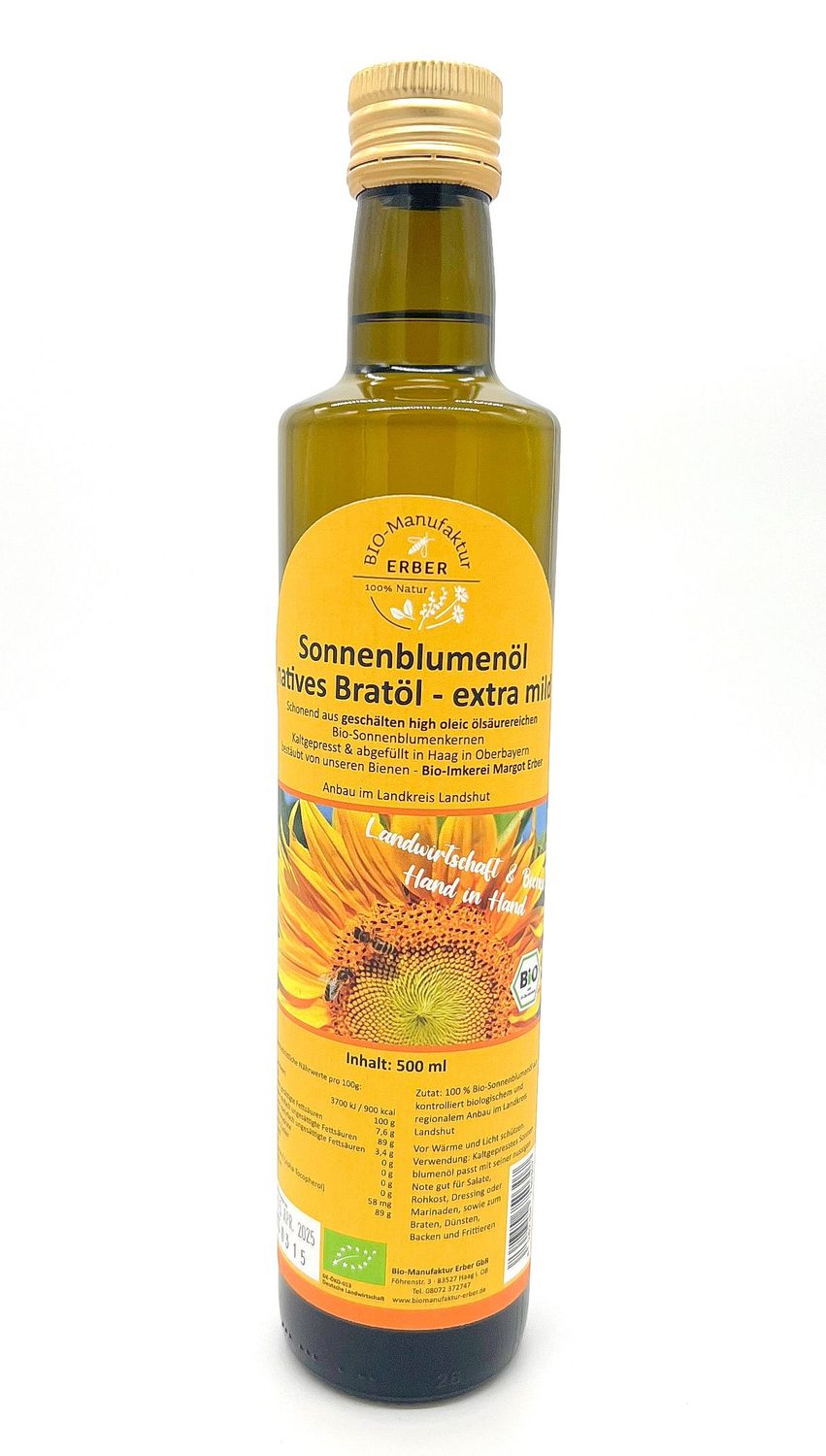 Bio-Sonnenblumenöl natives Bratöl extra mild in Flasche 500 ml- regional-aus deutschen, geschälten Bio-Sonnenblumenkerne, Demeter und Naturland Landwirtschaft