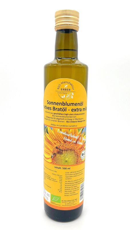 Bio-Sonnenblumenöl natives Bratöl extra mild in Flasche 500 ml- regional-aus deutschen Bio-Sonnenblumenkerne, Demeter und Naturland Landwirtschaft