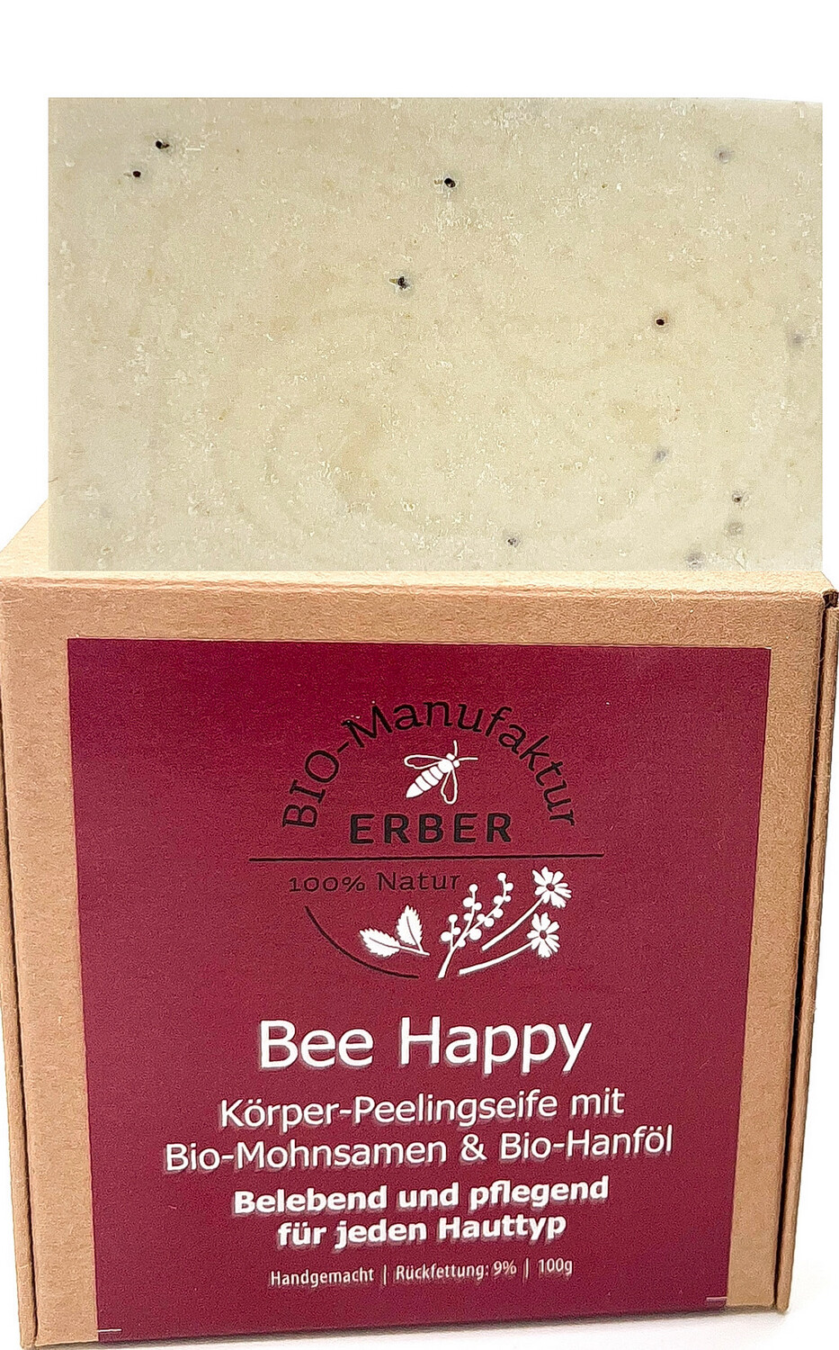 "Bee happy"  Gesichts -und Körper-Peelingseife  mit Bio-Mohnsamen, Bio-Hanföl, Meersalz 100 g
