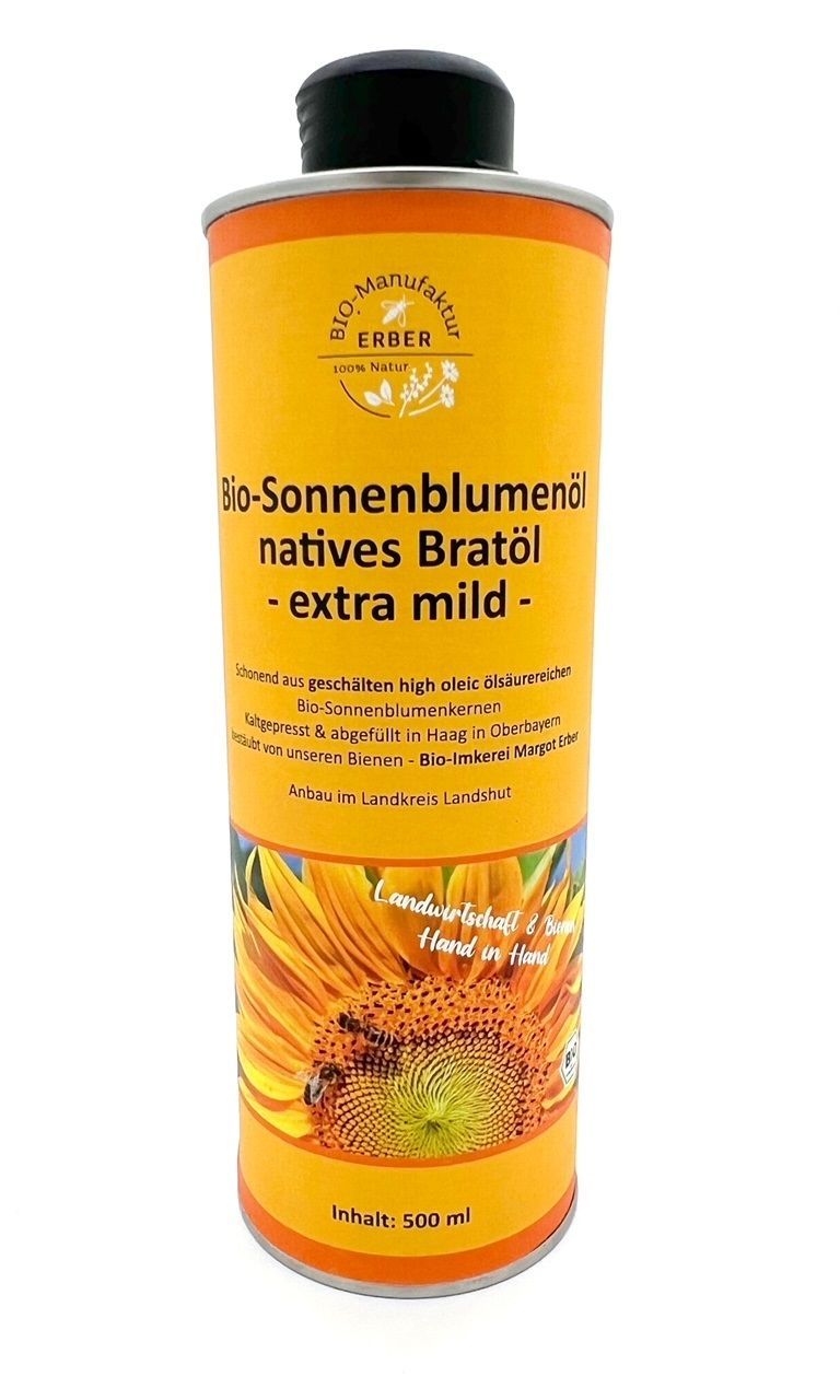 Bio-Sonnenblumenöl natives Bratöl extra mild in Dose 500 ml- regional-aus deutschen, geschälten Bio-Sonnenblumenkerne, Demeter und Naturland Landwirtschaft