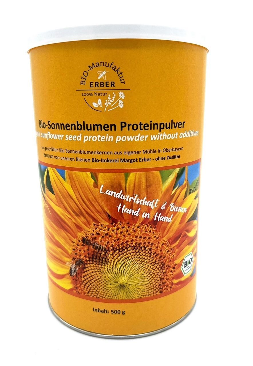 Bio-Sonnenblumen Proteinpulver 500 g in praktischer Dose - regional - aus deutschen Bio-Sonnenblumenkerne, Demeter und Naturland Landwirtschaft