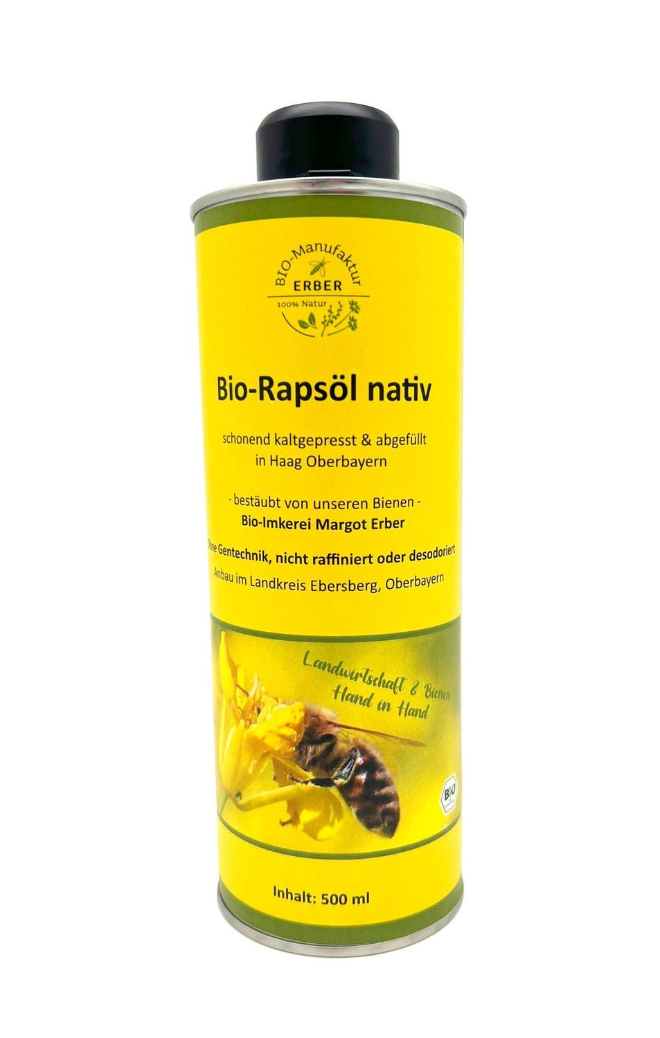 Bio-Rapsöl nativ in Dose 500 ml - angebaut, gepresst und abgefüllt in Oberbayern, Naturland Landwirtschaft