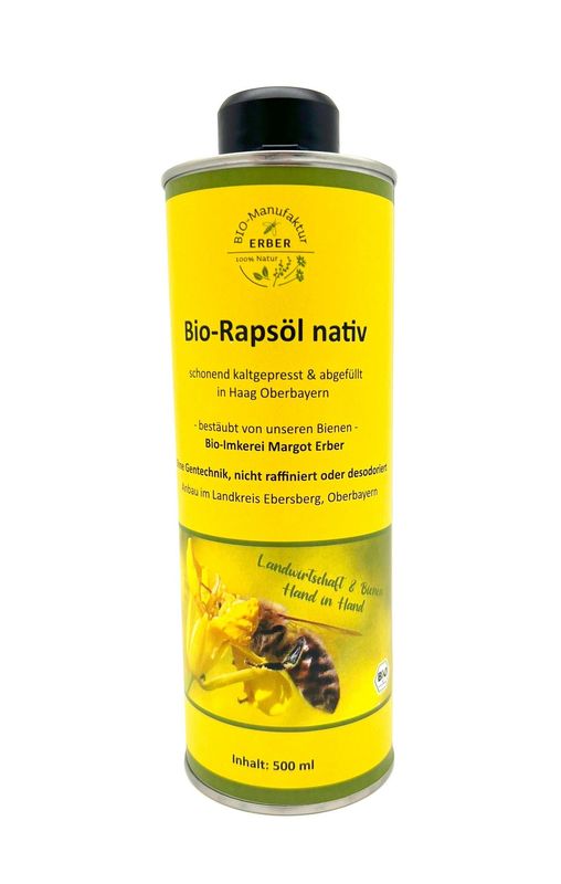 Bio-Rapsöl nativ in Dose 500 ml - angebaut, gepresst und abgefüllt in Oberbayern, Naturland Landwirtschaft Bio-Rapsöl nativ in Dose 500 ml - angebaut, gepresst und abgefüllt in Oberbayern, Naturland Landwirtschaft