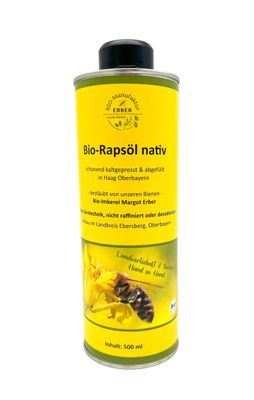 Bio-Rapsöl nativ in Dose 500 ml - angebaut, gepresst und abgefüllt in Oberbayern, Naturland Landwirtschaft