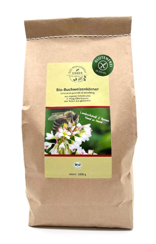 Bio-Buchweizenkörner geschält 1800 g - "glutenfrei" zertifiziert, keimfähig, aus deutscher Demeter Landwirtschaft