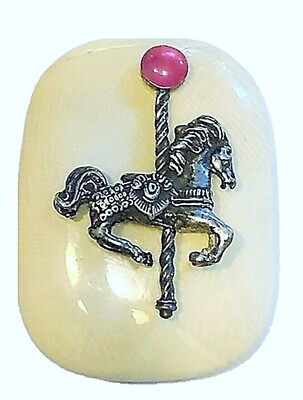 A LARGE CAROUSEL HORSE BUTTON BY MMF