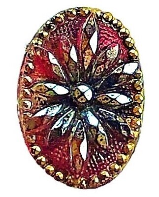 A SMALL 19TH CENTURY OVAL RED LACY GLASS BUTTON