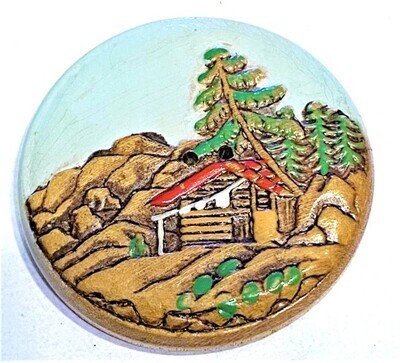LARGE COLORFUL CARVED/MOLDED WOOD SEW THRU SCENE BUTTON