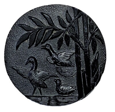 STRIKING LARGE 19TH CENTURY BLACK GLASS PICTORIAL BUTTON