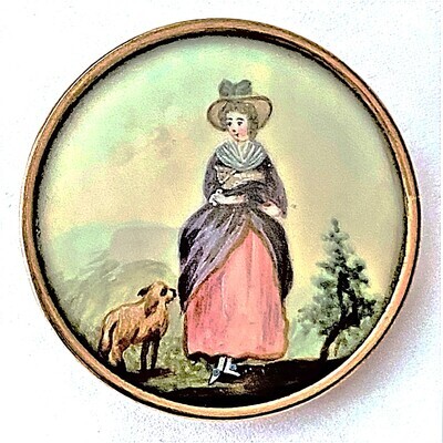 A LARGE AND STUNNING HAND PAINTED 18TH CENTURY UNDER GLASS BUTTON