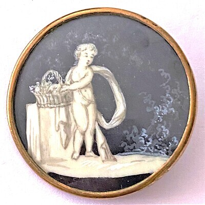 A LARGE 18TH CENTURY UNDER GLASS HAND PAINTED PICTORIAL BUTTON