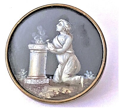A LARGE HAND PAINTED UNDER GLASS 18TH CENTURY PICTORIAL BUTTON