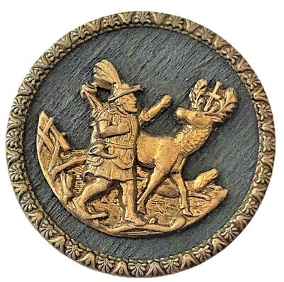 A SCARCE LARGE SIZE ST HUBERT AND THE HOUND WOOD BACKGROUND BUTTON