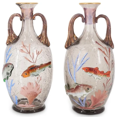 Antique Pair of Moser Crackle Glass Fish Bud Vases