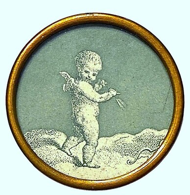 A LARGE ENGRAVING ON PAPER UNDER GLASS CHERUB BUTTON