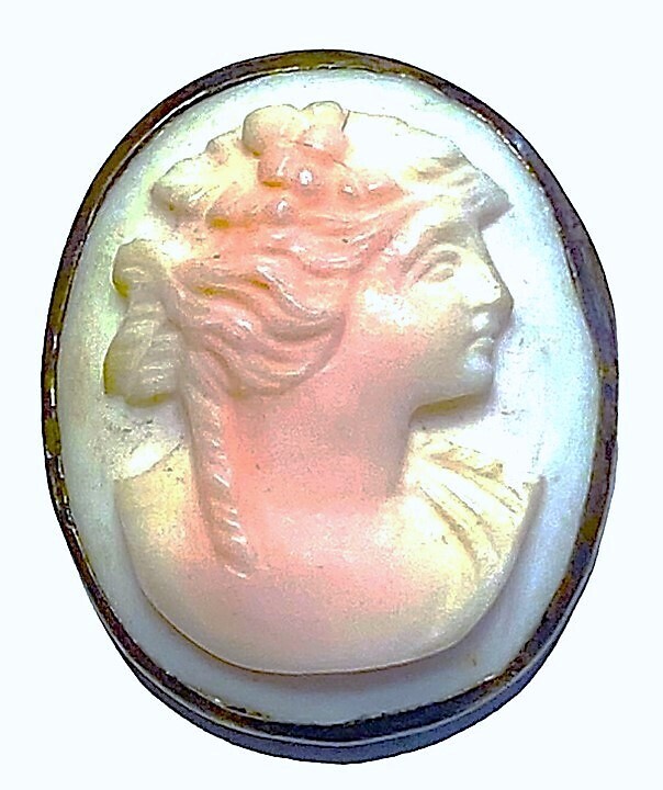 A MEDIUM SIZE CARVED CAMEO PINK CONCH SHELL BUTTON.