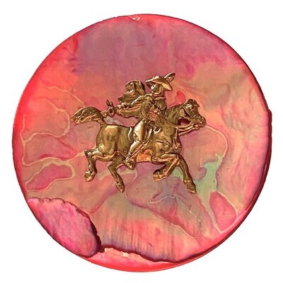 An extra large size red dyed pearl button horse and rider.