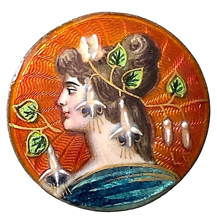 A scarce and beautiful signed Art Nouveau Enamel Button!