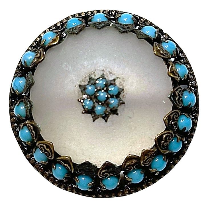 A BEAUTIFUL FROSTED GLASS TURQUOISE OME IN METAL BUTTON!