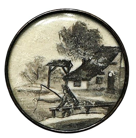 Wonderful 18th century fishing and farm house scene on natural material under glass!