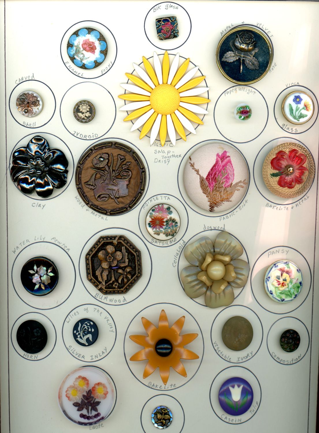 A card of assorted material flowers including Lucite!