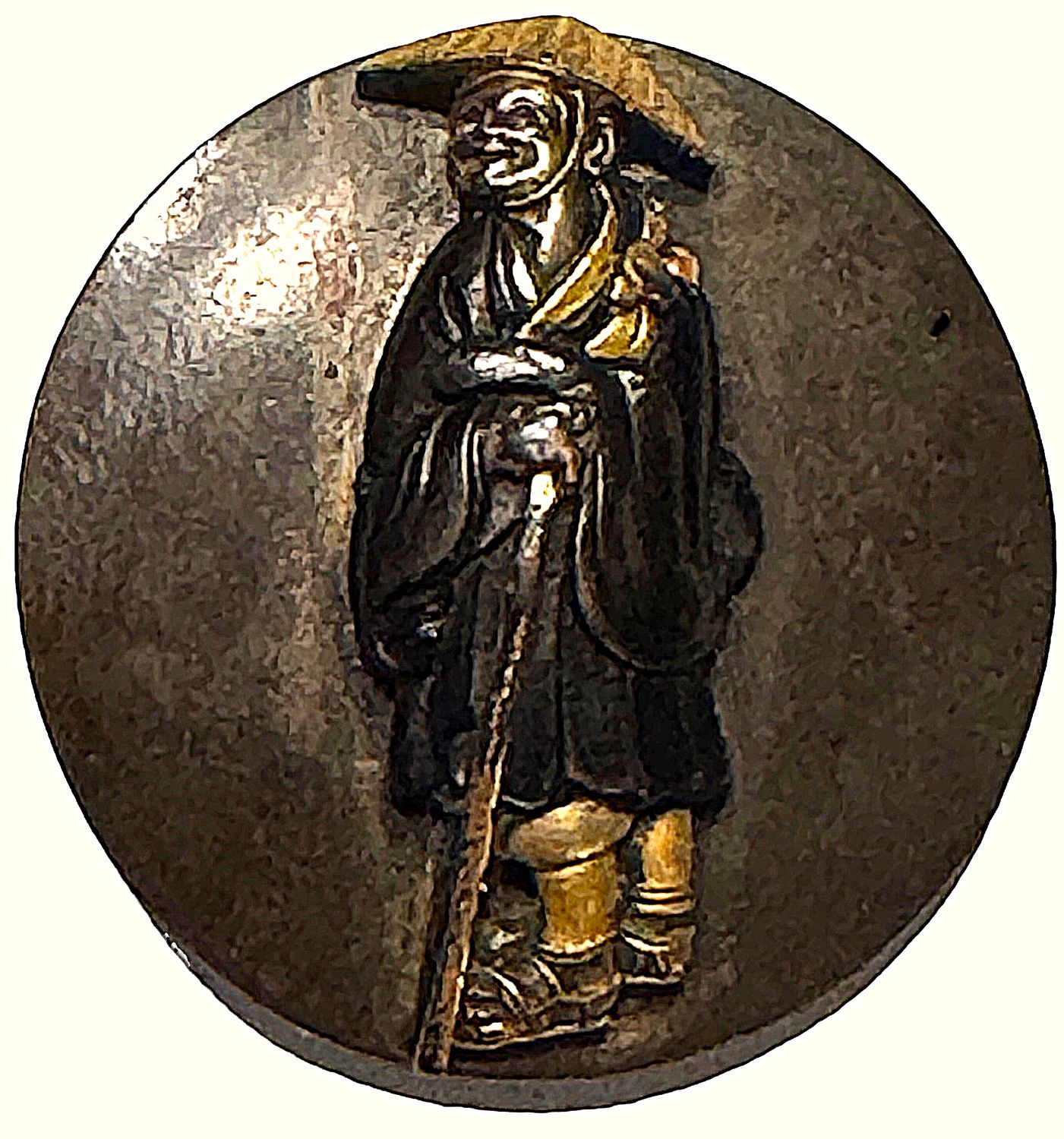 A RARE large high relief Shakudo figural button!