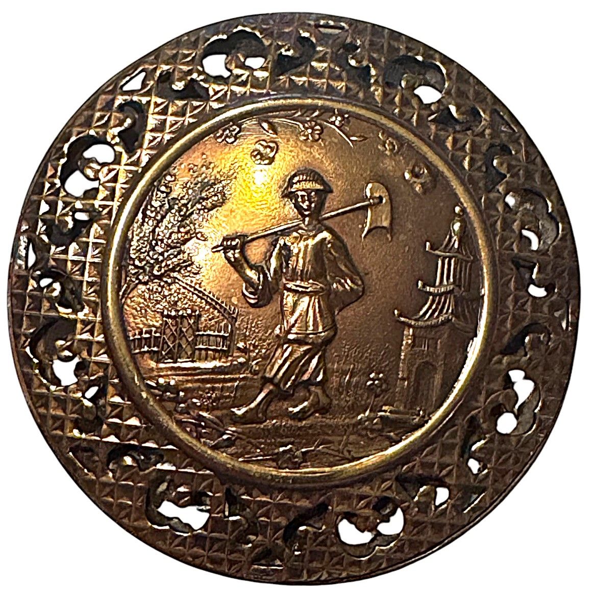 An extra-large pierced bordered Asian scene button!