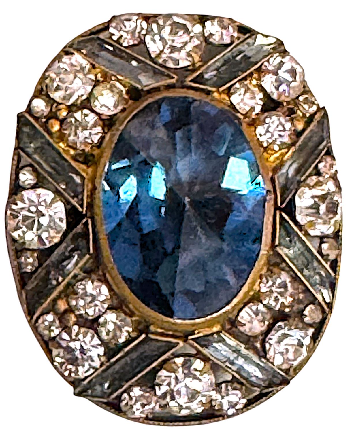 An Exquisite Jeweled button with a large faceted blue glass center!