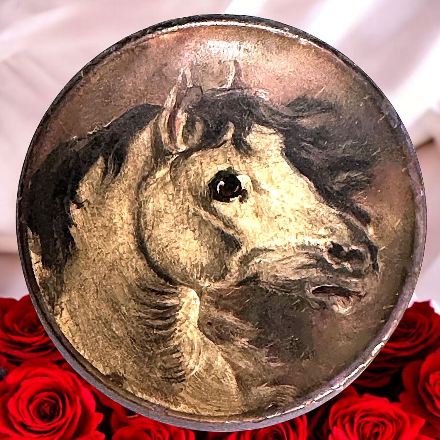 A VERY RARE Medium size 19th century Vernis Martin hand painted Pearl sporting button!