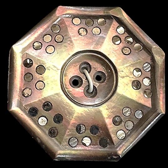 A fabulous large 8 sided chatoyant smokey pearl and steel mirror button!