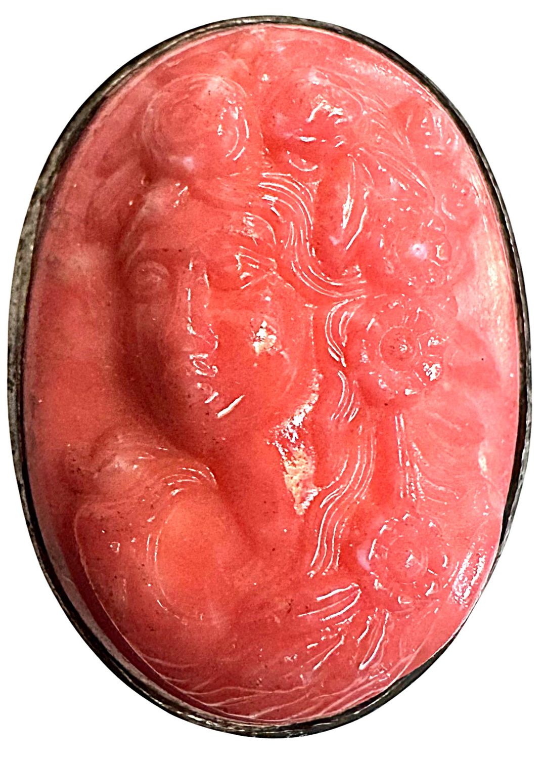 A wonderful large size 1 1 /4&quot; carved high relief coral cameo button!