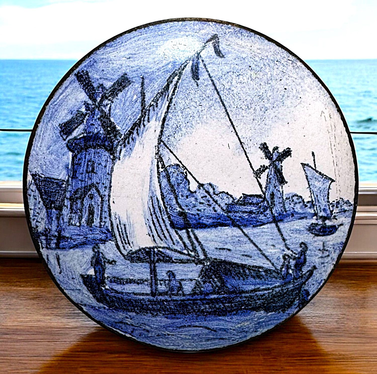 W detailed sailing scene in Delft Enamel!