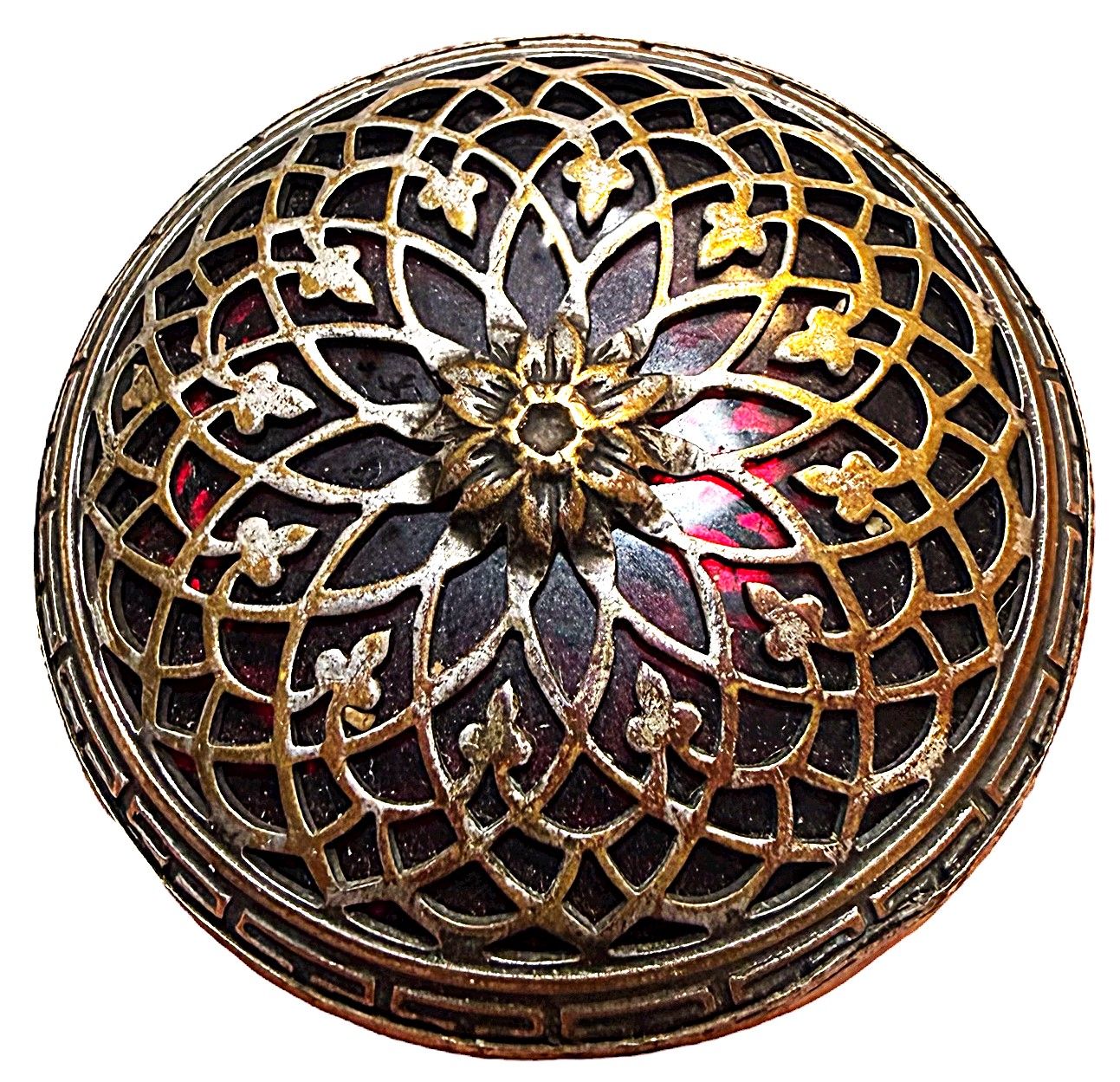 A large red glass background button.