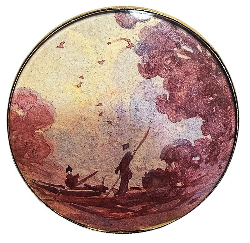 A division one watercolor under glass fishing scene button!