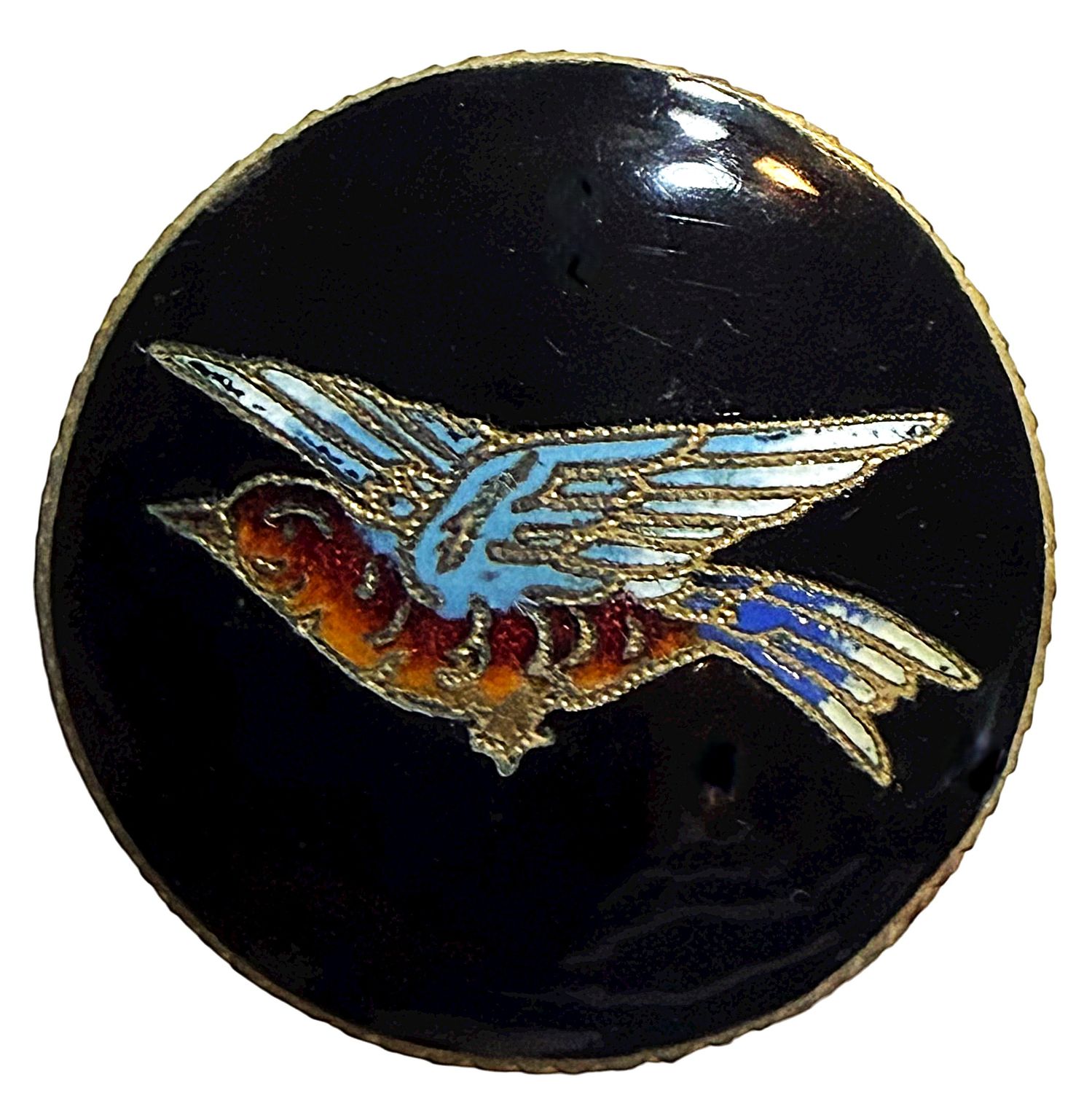A 19TH CENTURY FRENCH ENAMEL COLORFUL BIRD ON BLACK ENAMEL BACKGROUND 1  3/16"