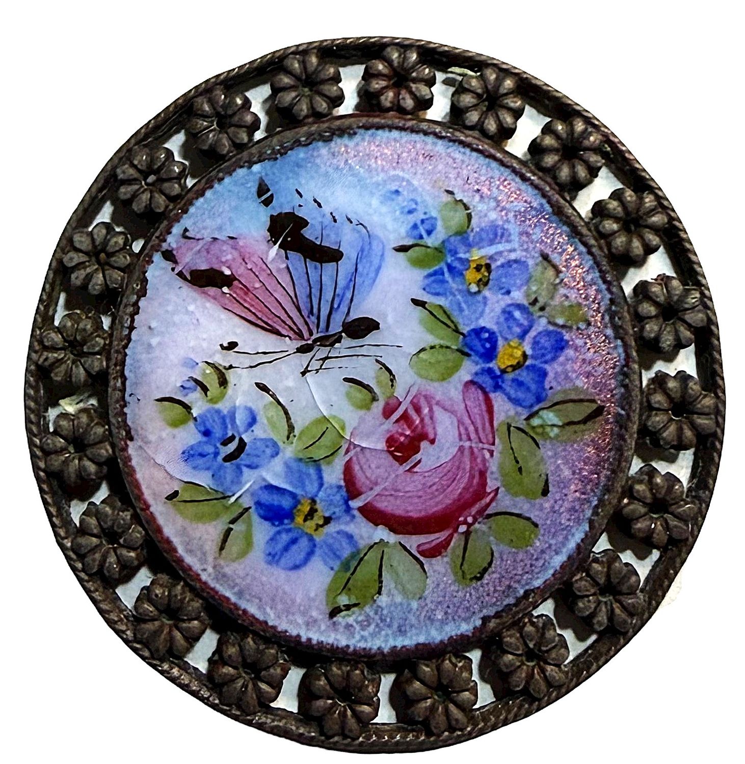 A 19TH CENTURY POLYCHROME ENAMEL FLOWERS AND BUTTERFLY    1  5/16"