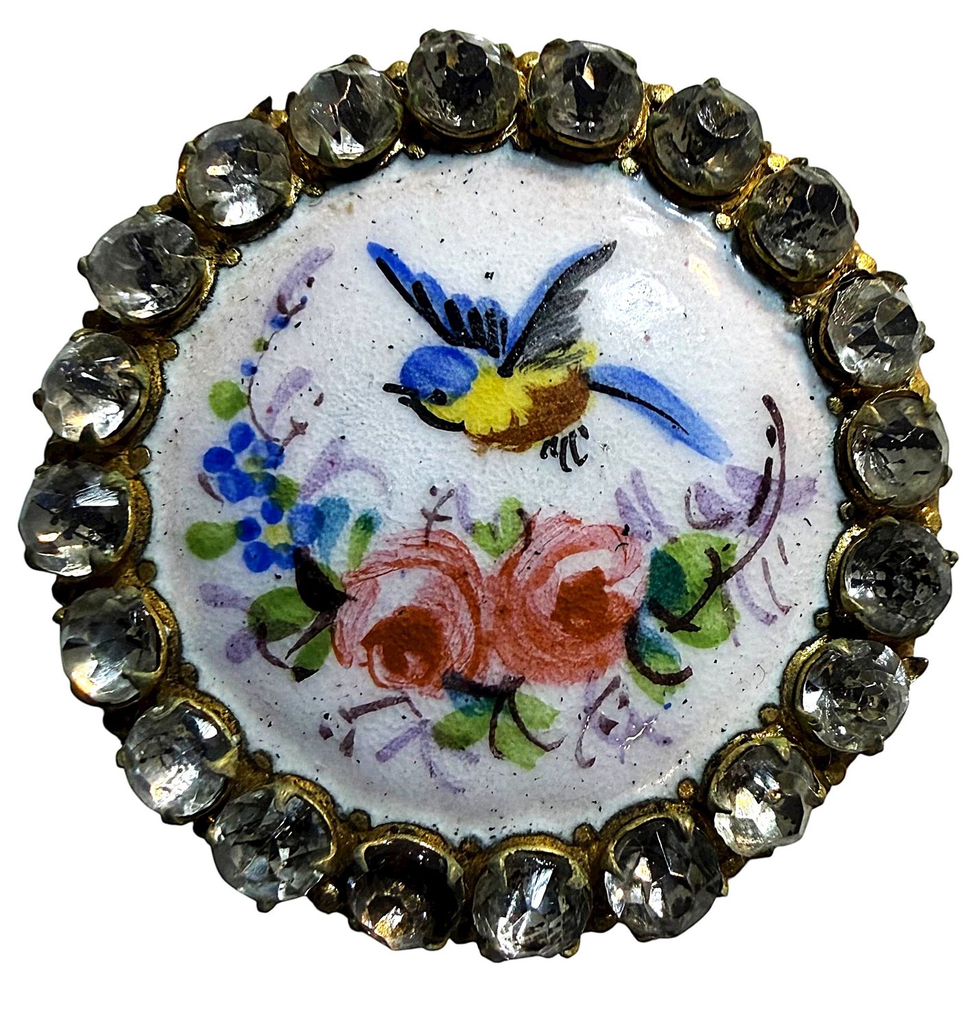 A BEAUTIFUL POLYCHROME ENAMEL BIRD AND FLOWERS WITH ASTE JEWEL BORDER 1  1/4"