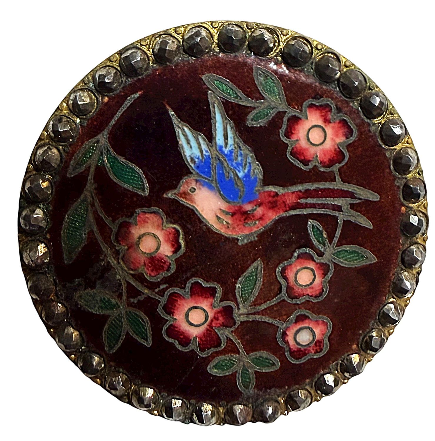 A LARGE COLORFUL ENAMEL BIRD WITH CUT STEEL BORDER   1  3/8"