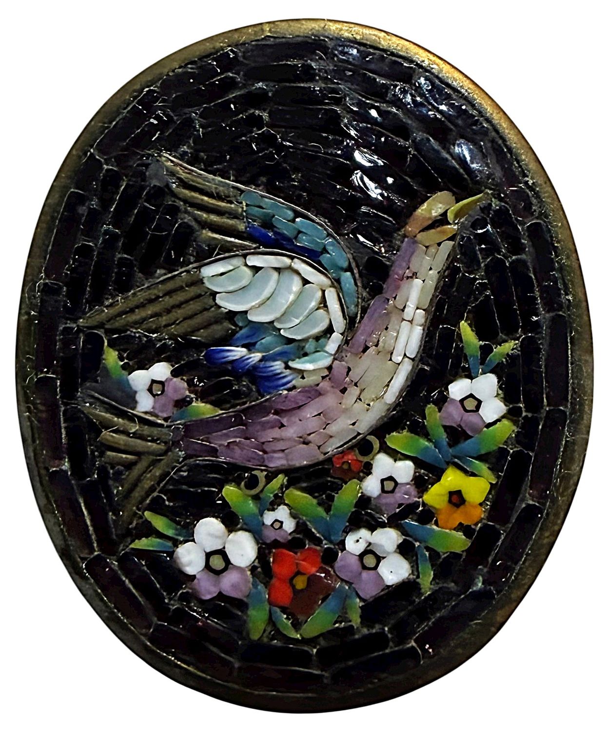 A VERY RARE 19TH CENTURY OVAL MOSAIC INLAY BIRD-THESE IN BUTTONS ARE VERY HARD TO FIND. 15.16" TALL